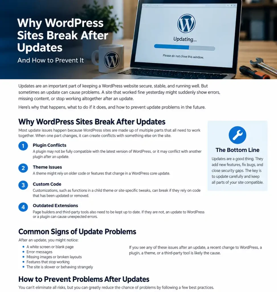 WordPress website updating on a laptop with maintenance tools nearby.
