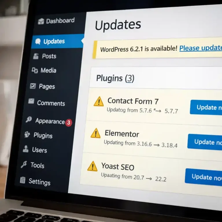 WordPress dashboard showing plugin updates that need attention.