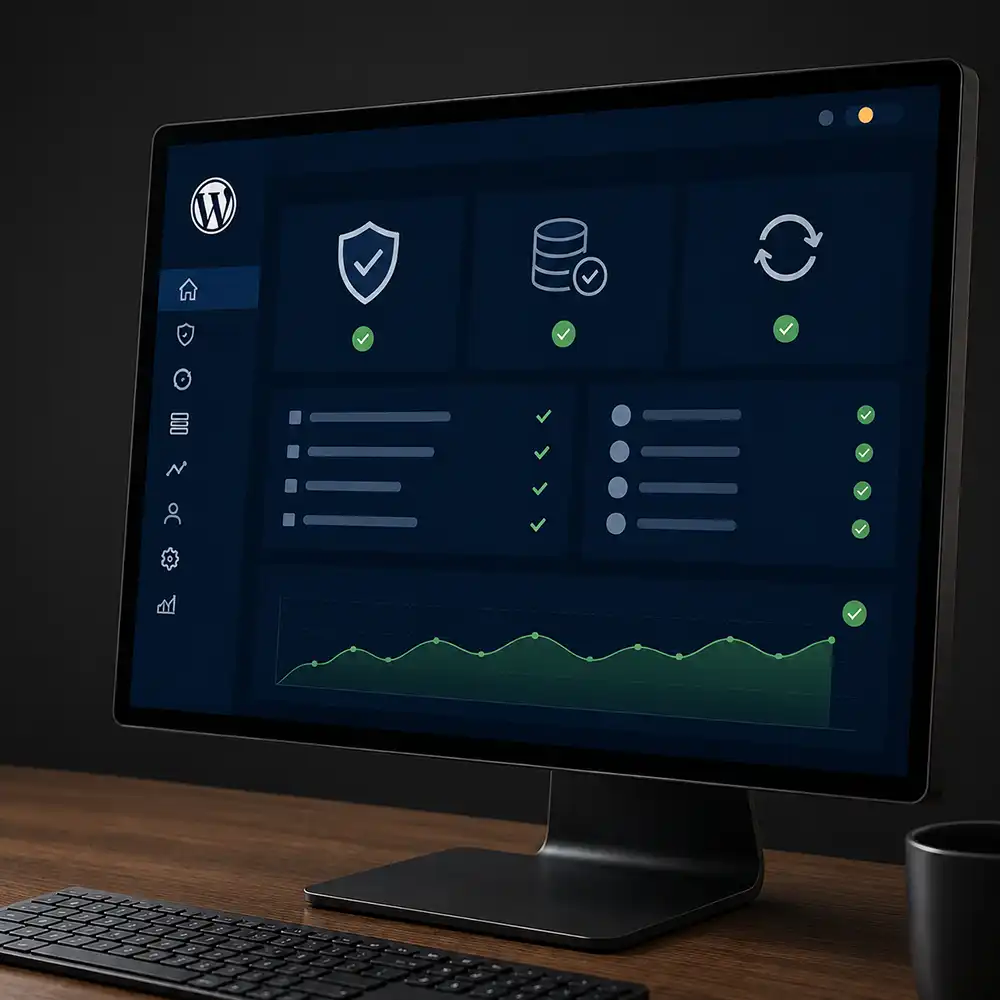 WordPress maintenance dashboard showing backups, security monitoring, updates, and website performance