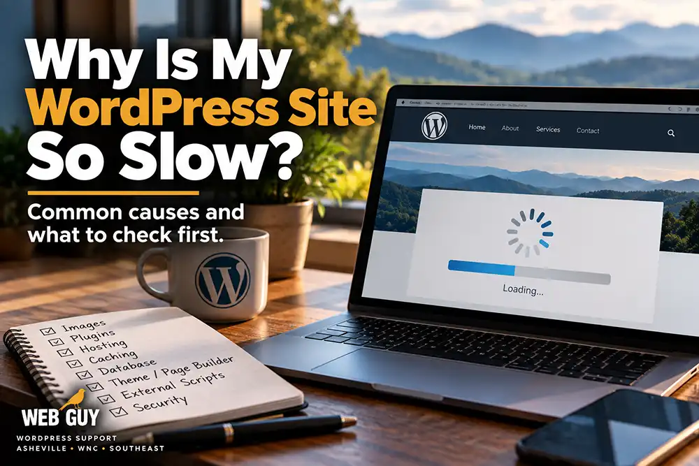 WordPress website loading slowly on a laptop, illustrating common causes of slow WordPress performance.
