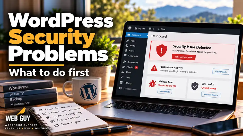WordPress security warning showing malware and suspicious activity on a website dashboard.