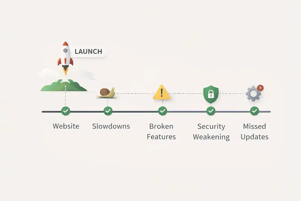 Timeline showing common website issues that occur after launch