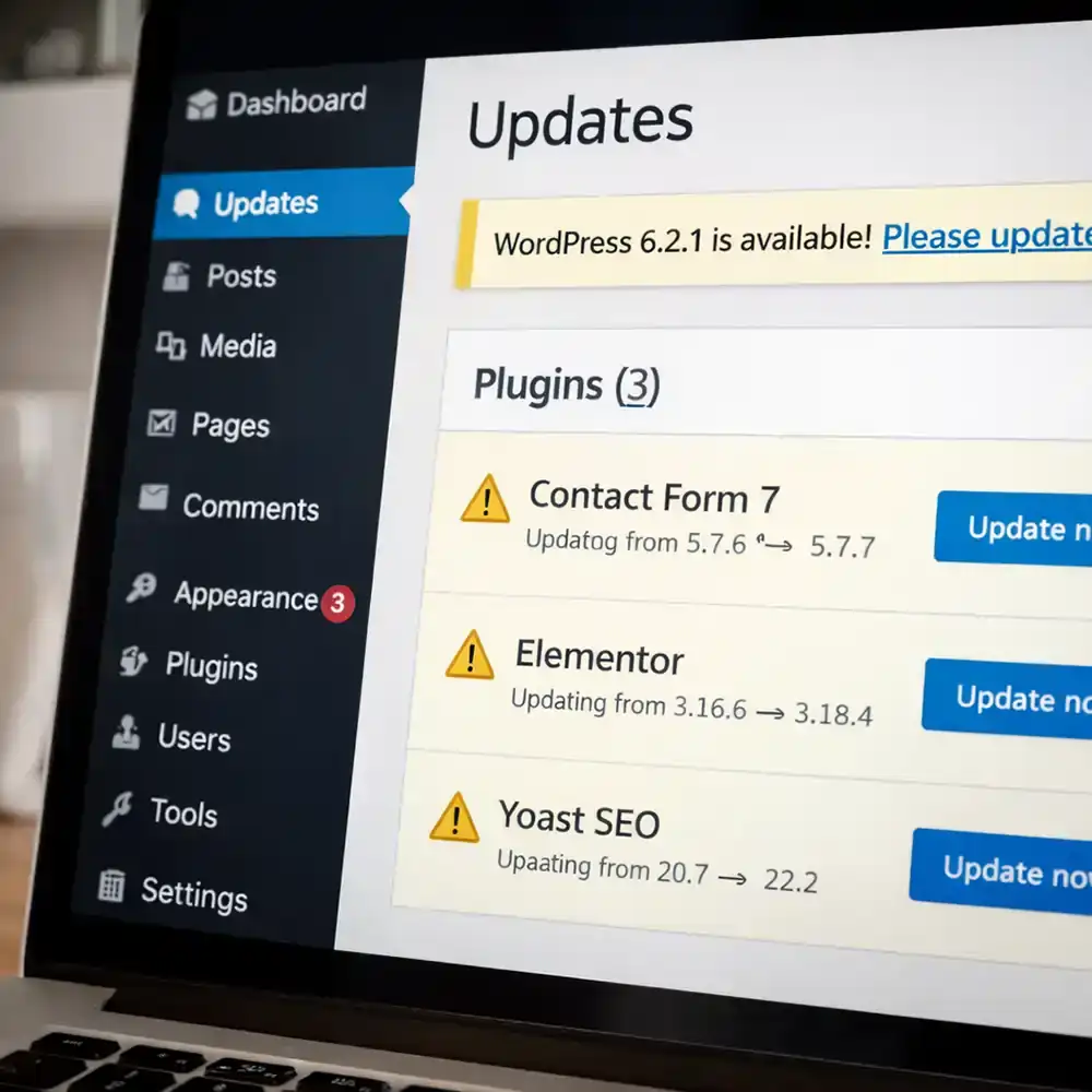 WordPress dashboard showing plugin updates that need attention.